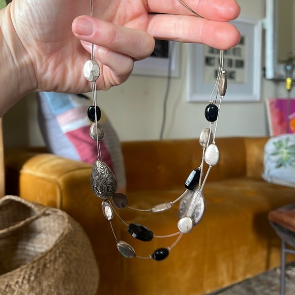 Chicos multi Strand Silver Black Floating Collar beaded stone statement Necklace - Picture 3 of 8